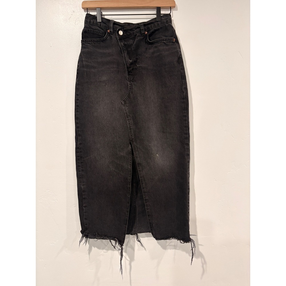 Reformation Jeans Black Denim Midi Skirt Asymmetric Crossover Waist Raw Hem 26